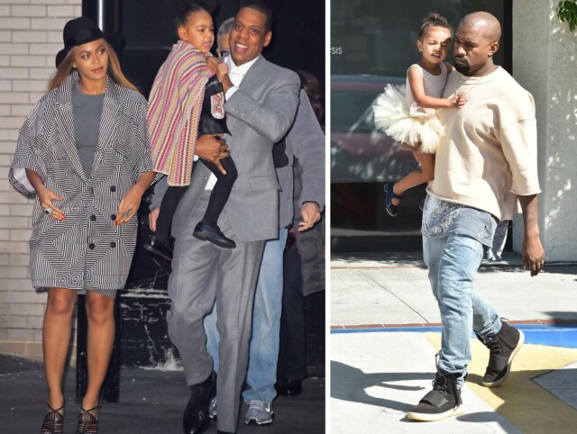 ØYENSTENER: Beyoncé og Jay Z med datteren Blue Ivy i New York i desember 2014, etter å ha sett verdenspremieren på musikalen «Annie» på Ziegfeld Theatre. På bildet til høyre har Kanye West vært med datteren North på ballett-time. Foto: NTB Scanpix ØYENSTENER: Beyoncé og Jay Z med datteren Blue Ivy i New York i desember 2014, etter å ha sett verdenspremieren på musikalen «Annie» på Ziegfeld Theatre. På bildet til høyre har Kanye West vært med datteren North på ballett-time. Foto: NTB Scanpix